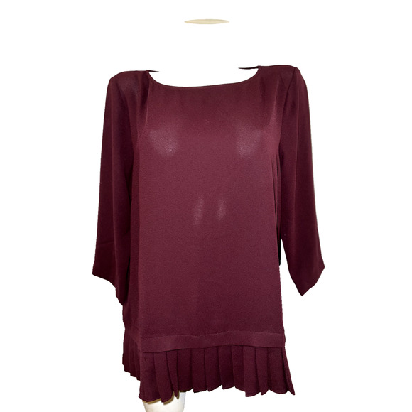 J. Jill Top Sz L Burgundy Crew Neck 3/4 Slv Pleated Hem Drop Waist Blouse Tunic - Picture 1 of 6